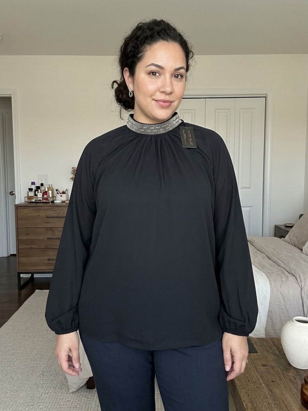 Cable & Gauge Black Long-Sleeve Beaded Mock Neck Blouse